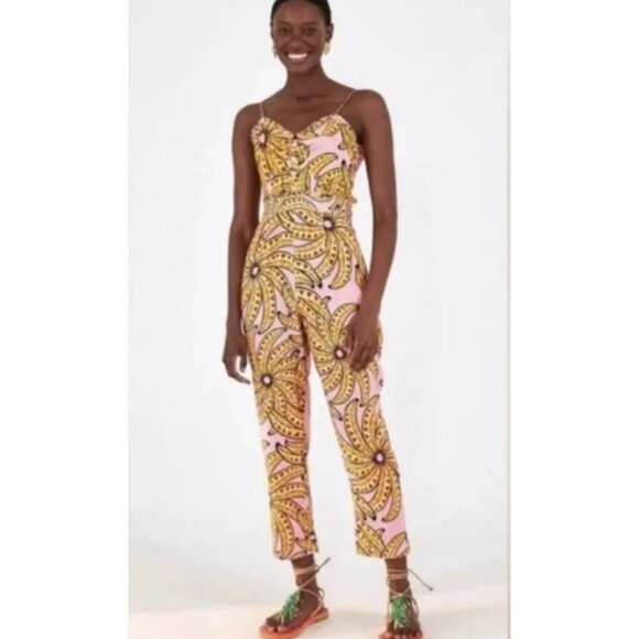 Farm Rio Jumpsuit Banana Print Linen Blend Halter Ladies Size XS Smocked Crop - Picture 1 of 15